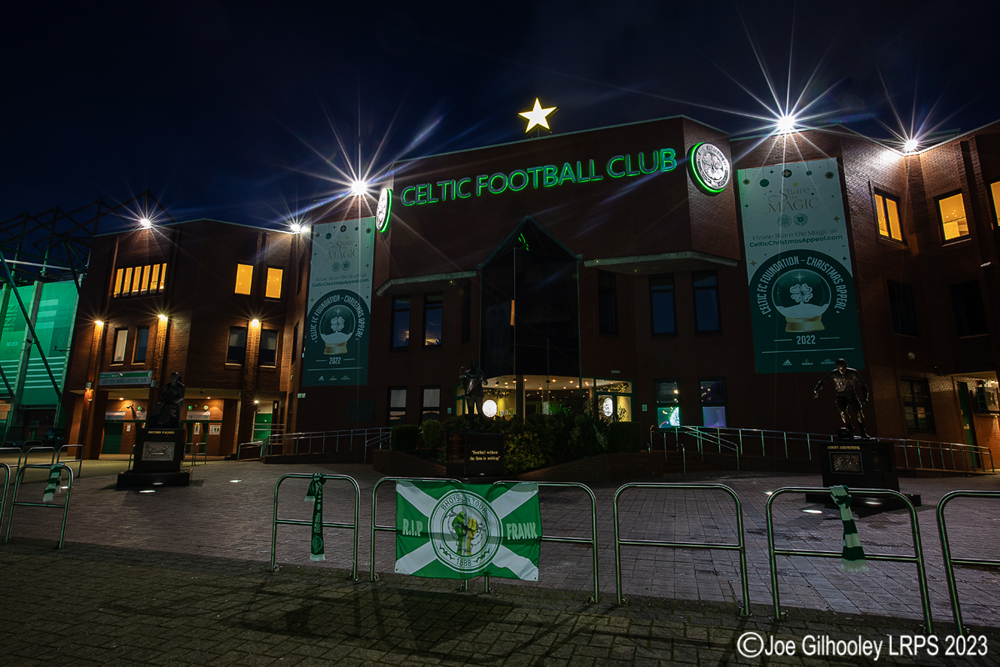 Front of Celtic Park - Frank McGarvey RIP tribute flag 
