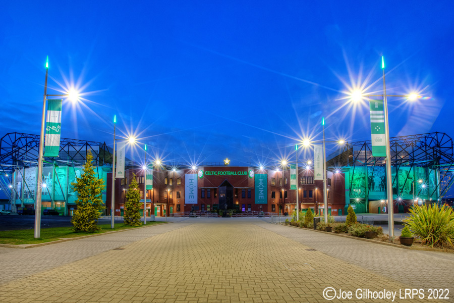 The Front of Celtic Park from The Celtic Way as the lights came on
