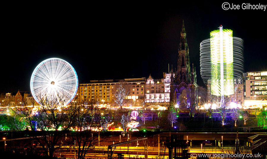Edinburgh Christmas Attractions 2014 . A view of Princes Street Gardens. The Star Flyer and Big Wheel