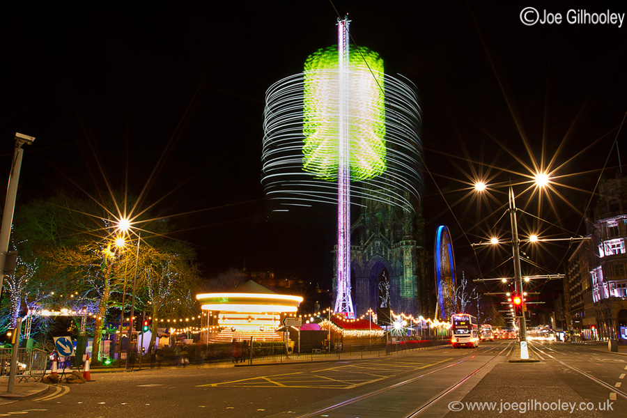 Edinburgh Christmas Attractions 2014 . A view of Princes Street . The Star Flyer with Big Wheel in background