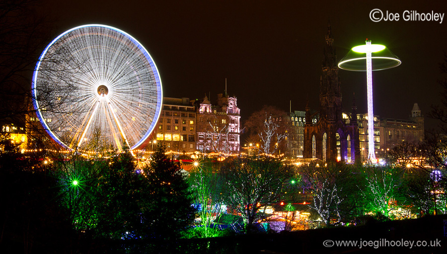 Edinburgh Christmas Attractions 2014 . A view of Princes Street Gardens. The Star Flyer and Big Wheel