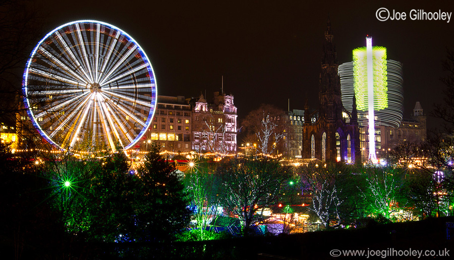 Edinburgh Christmas Attractions 2014 . A view of Princes Street Gardens. The Star Flyer and Big Wheel