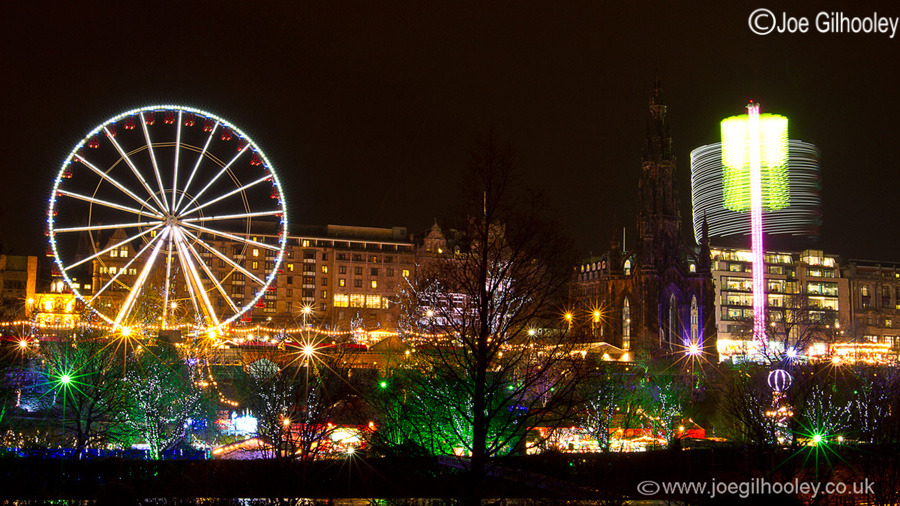 Edinburgh Christmas Attractions 2014 . A view of Princes Street Gardens. The Star Flyer and Big Wheel