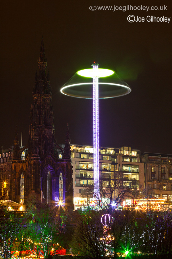 Edinburgh Christmas Attractions 2014 . A view of Princes Street Gardens. The Star Flyer & Scott Monument