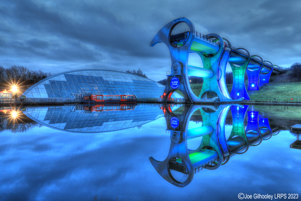 The Falkirk Wheel lights on just after sunset