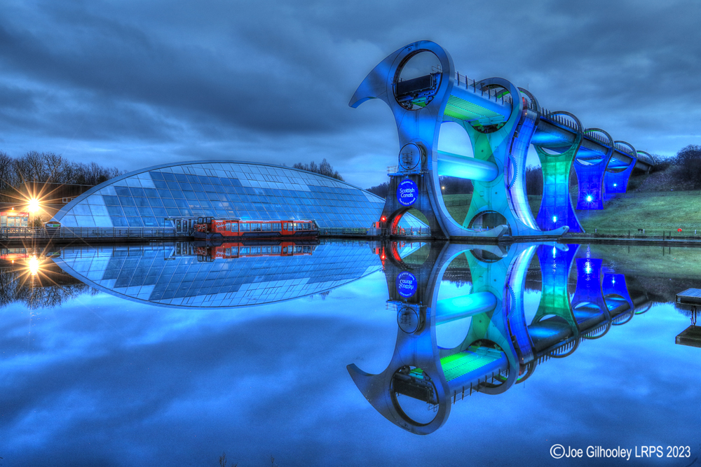 The Falkirk Wheel lights on just after sunset