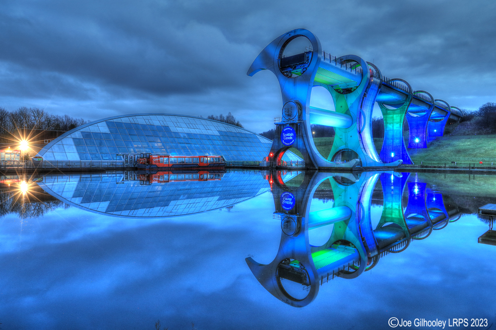The Falkirk Wheel lights on just after sunset