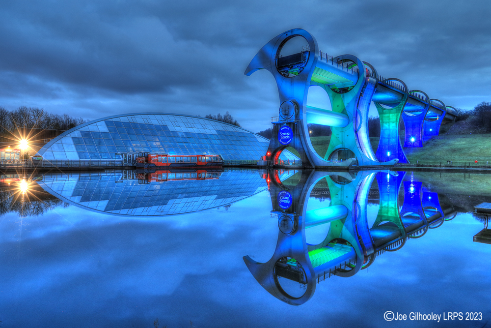 The Falkirk Wheel lights on after sunset