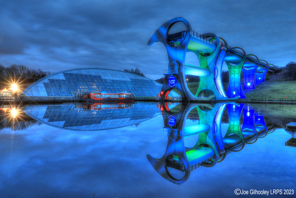 The Falkirk Wheel lights on after sunset