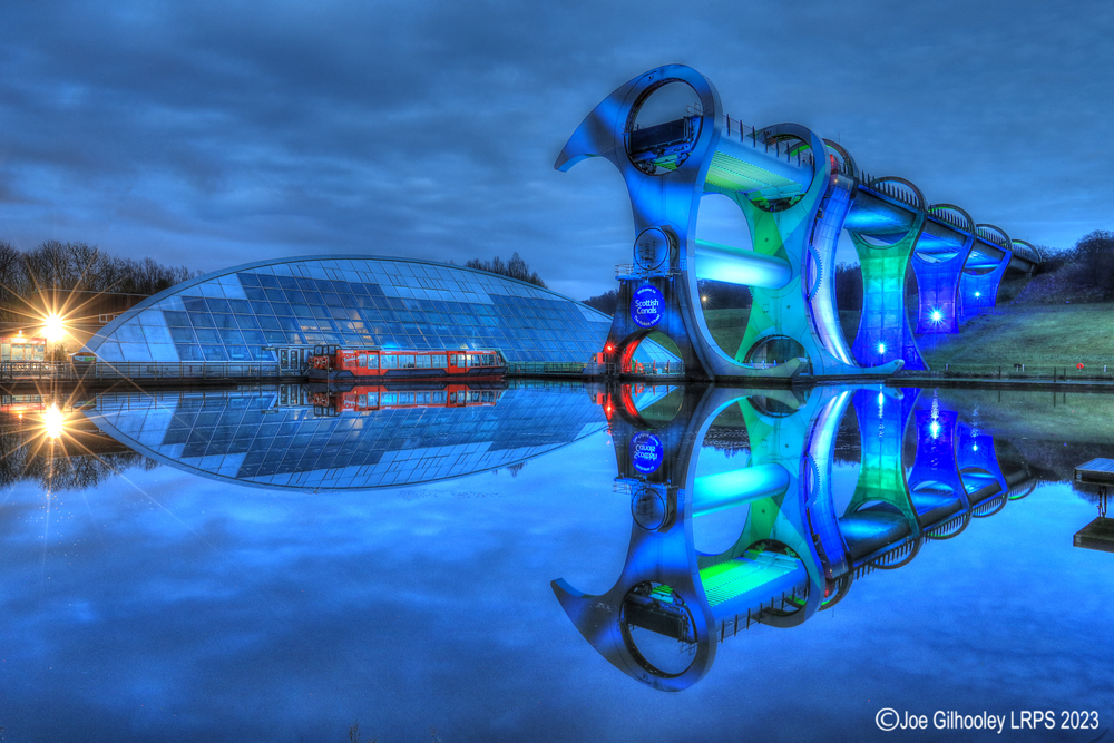 The Falkirk Wheel lights on after sunset