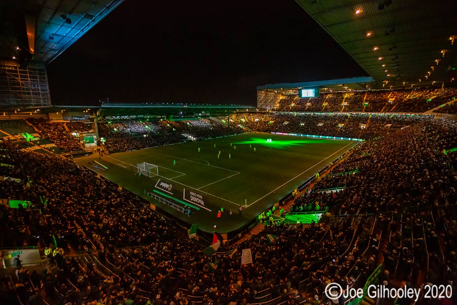 Celtic Park light show huddle before kick off
