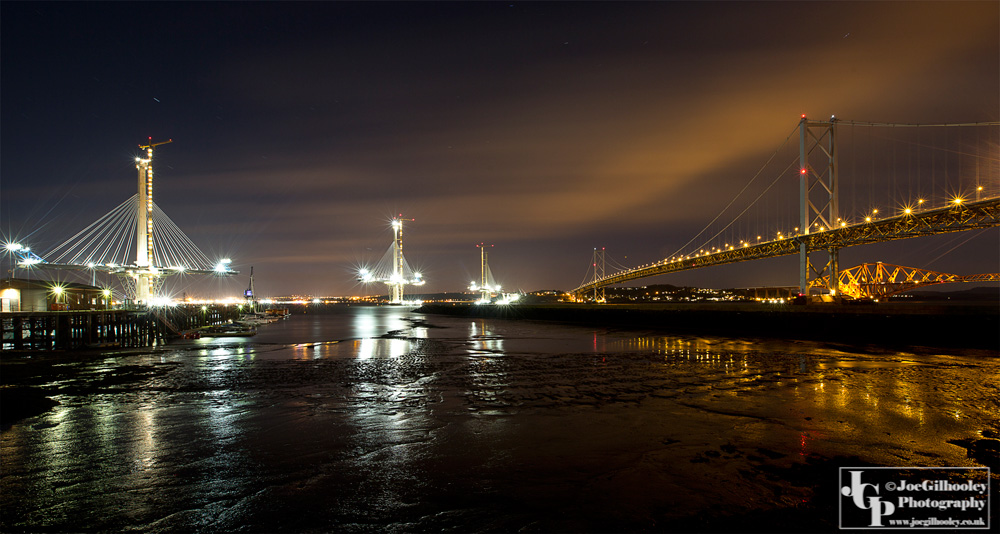 Three bridges. Queensferry Crossing under construction, Forth Road bridge with Forth Bridge in background