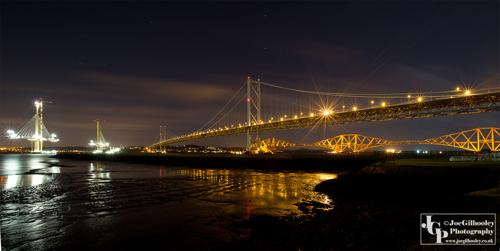 Three bridges. Queensferry Crossing under construction, Forth Road bridge with Forth Bridge in background