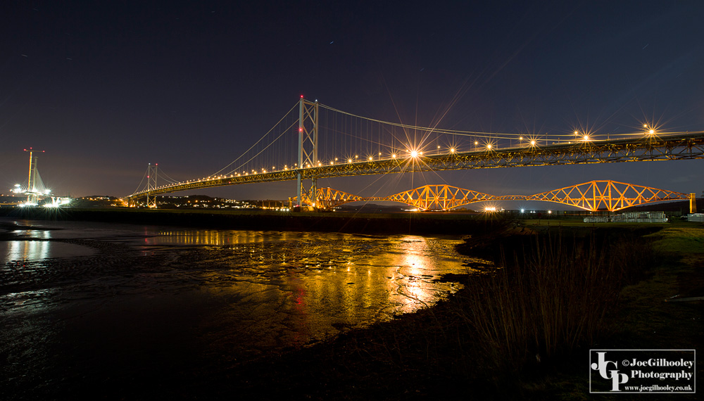 Three bridges. Queensferry Crossing under construction, Forth Road bridge with Forth Bridge in background