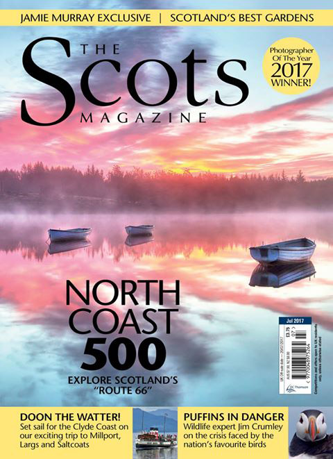 My Loch Rusky sunrise winning image on cover of The Scots Magazine July 2017 edition