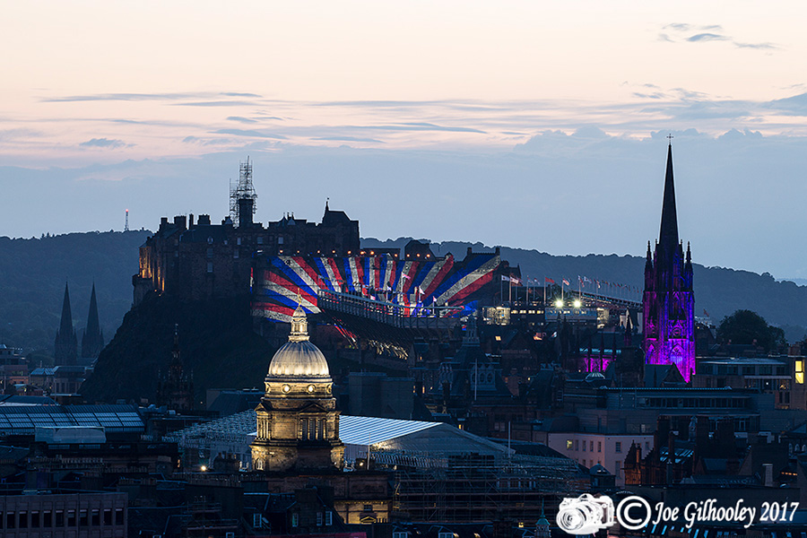 Edinburgh Military Tattoo light show from Arthur Seat at Salisbury Craggs