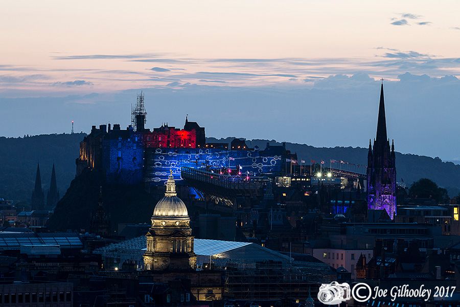 Edinburgh Military Tattoo light show from Arthur Seat at Salisbury Craggs