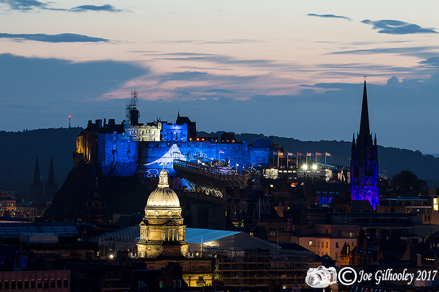 Edinburgh Military Tattoo light show from Arthur Seat at Salisbury Craggs