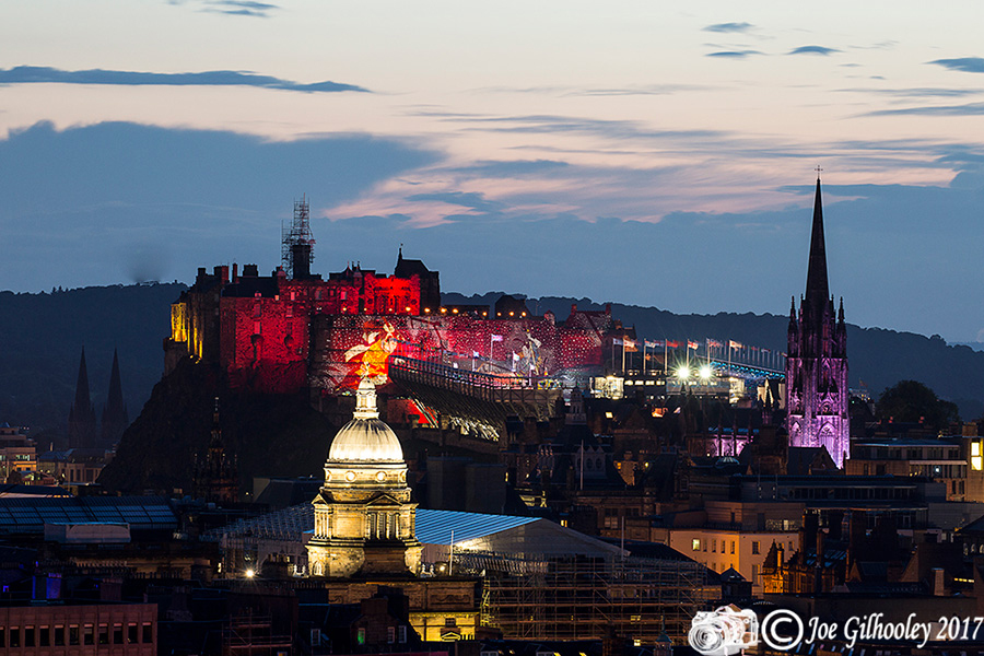Edinburgh Military Tattoo light show from Arthur Seat at Salisbury Craggs
