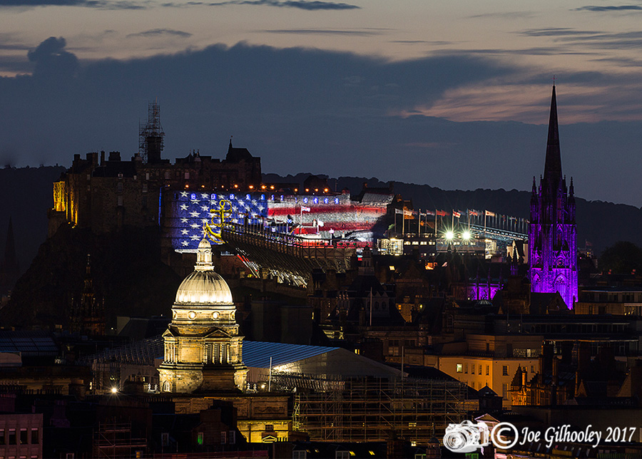 Edinburgh Military Tattoo light show from Arthur Seat at Salisbury Craggs