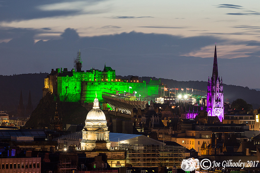 Edinburgh Military Tattoo light show from Arthur Seat at Salisbury Craggs