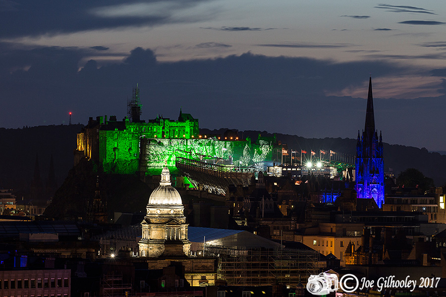 Edinburgh Military Tattoo light show from Arthur Seat at Salisbury Craggs