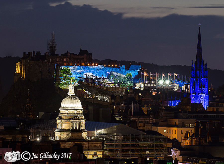 Edinburgh Military Tattoo light show from Arthur Seat at Salisbury Craggs