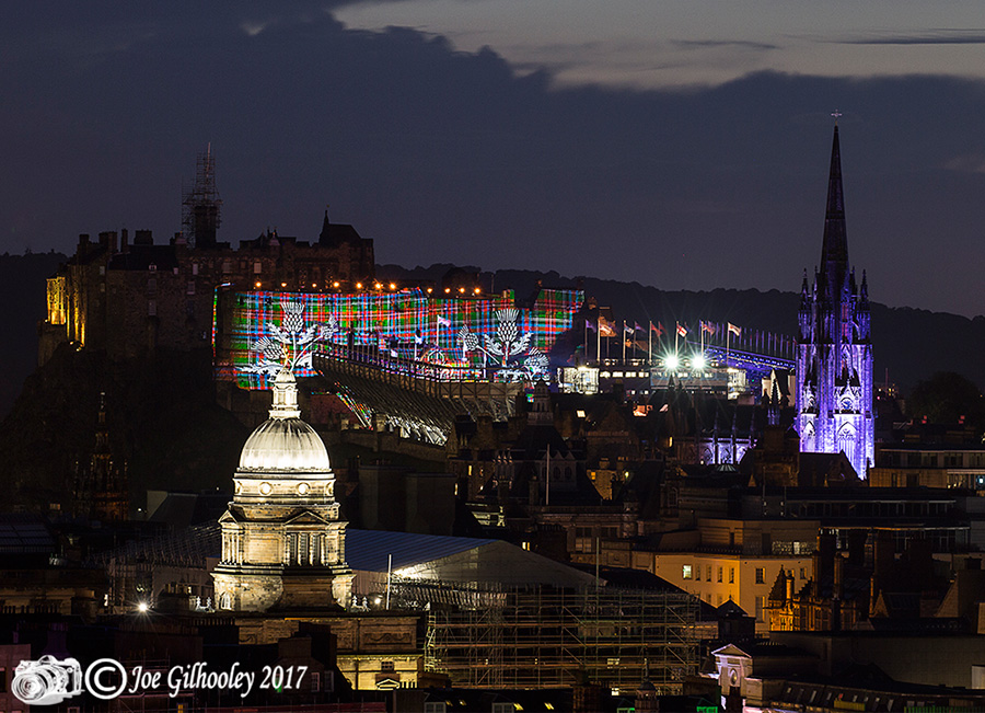 Edinburgh Military Tattoo light show from Arthur Seat at Salisbury Craggs