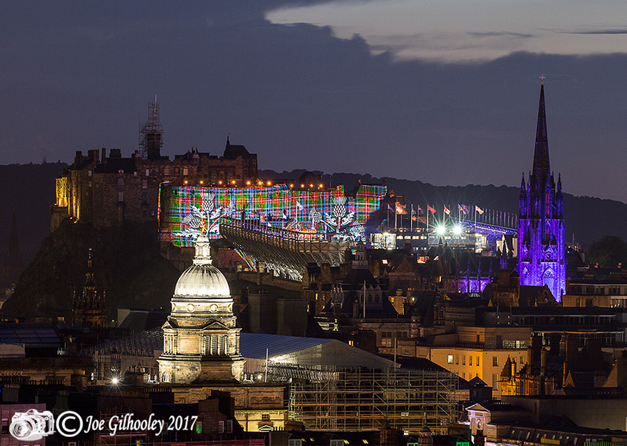Edinburgh Military Tattoo light show from Arthur Seat at Salisbury Craggs