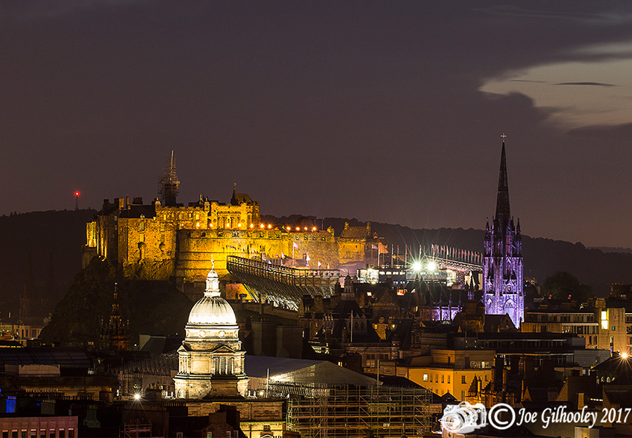 Edinburgh Military Tattoo light show from Arthur Seat at Salisbury Craggs