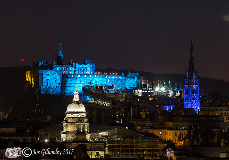 Edinburgh Military Tattoo light show from Arthur Seat at Salisbury Craggs