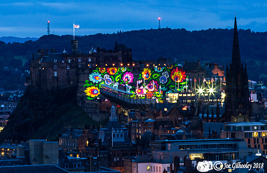 Edinburgh Military Tattoo light show from Arthur Seat at Salisbury Craggs