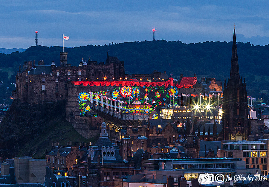 Edinburgh Military Tattoo light show from Arthur Seat at Salisbury Craggs