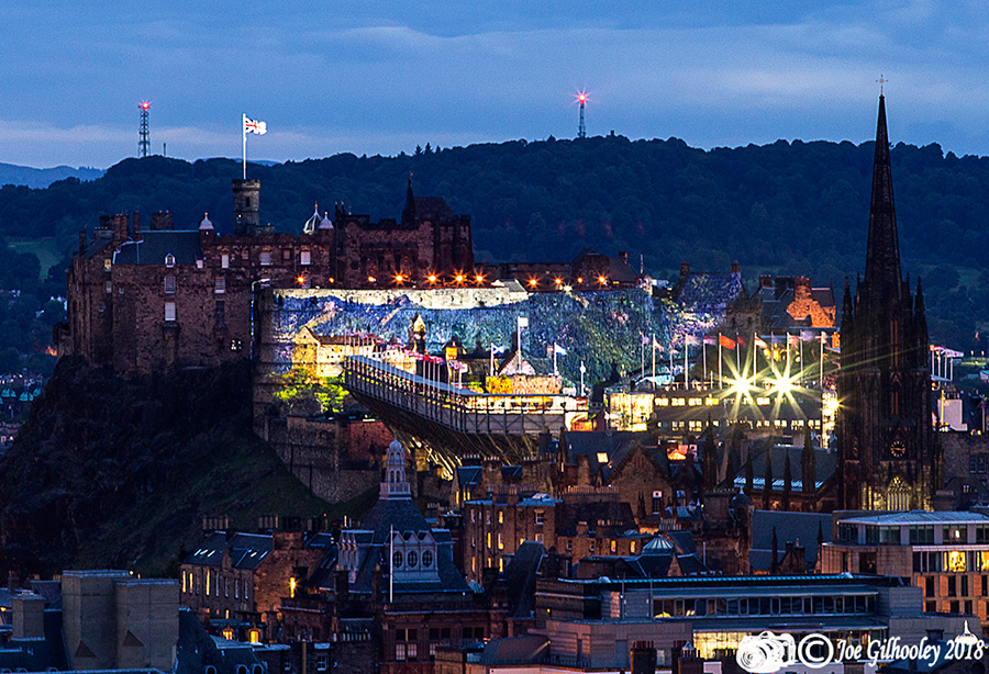 Edinburgh Military Tattoo light show from Arthur Seat at Salisbury Craggs
