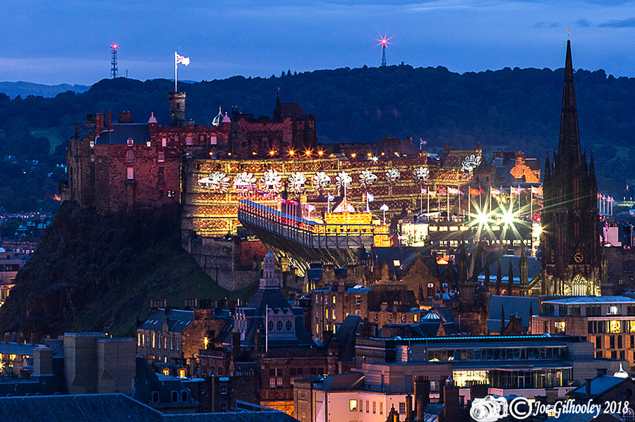 Edinburgh Military Tattoo light show from Arthur Seat at Salisbury Craggs