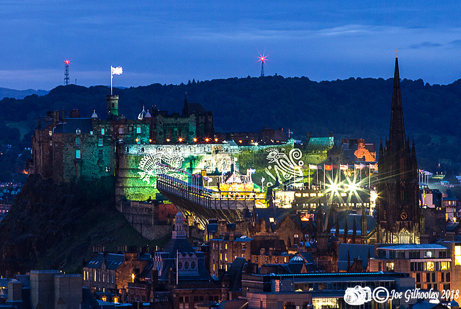 Edinburgh Military Tattoo light show from Arthur Seat at Salisbury Craggs