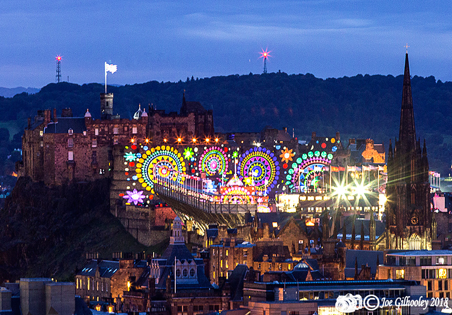 Edinburgh Military Tattoo light show from Arthur Seat at Salisbury Craggs