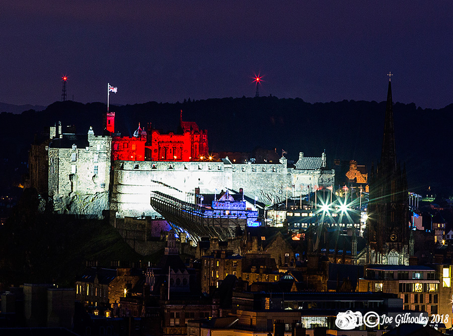 Edinburgh Military Tattoo light show from Arthur Seat at Salisbury Craggs