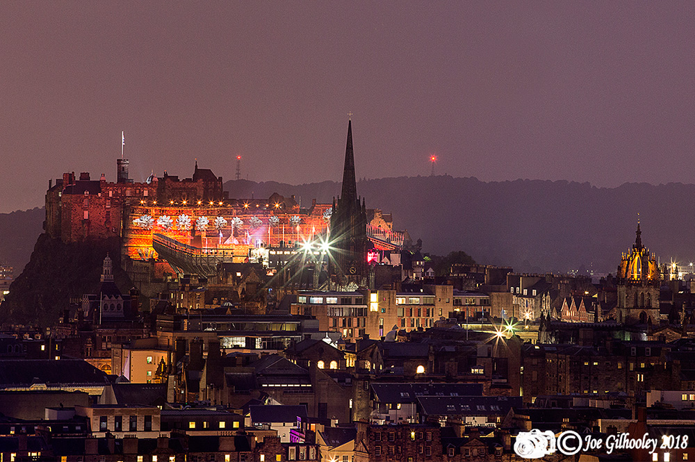 Edinburgh Military Tattoo light show from Arthur Seat at Salisbury Craggs