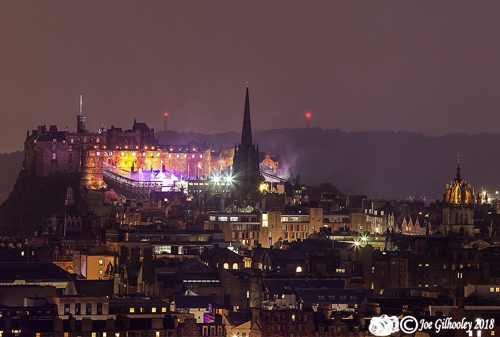 Edinburgh Military Tattoo light show from Arthur Seat at Salisbury Craggs