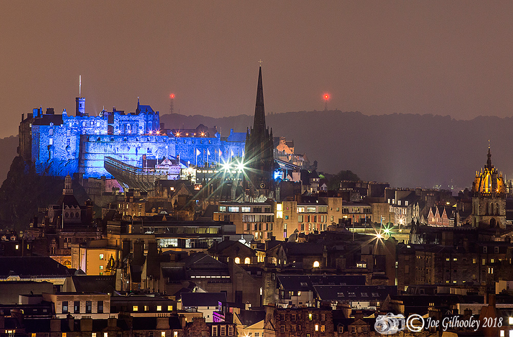 Edinburgh Military Tattoo light show from Arthur Seat at Salisbury Craggs