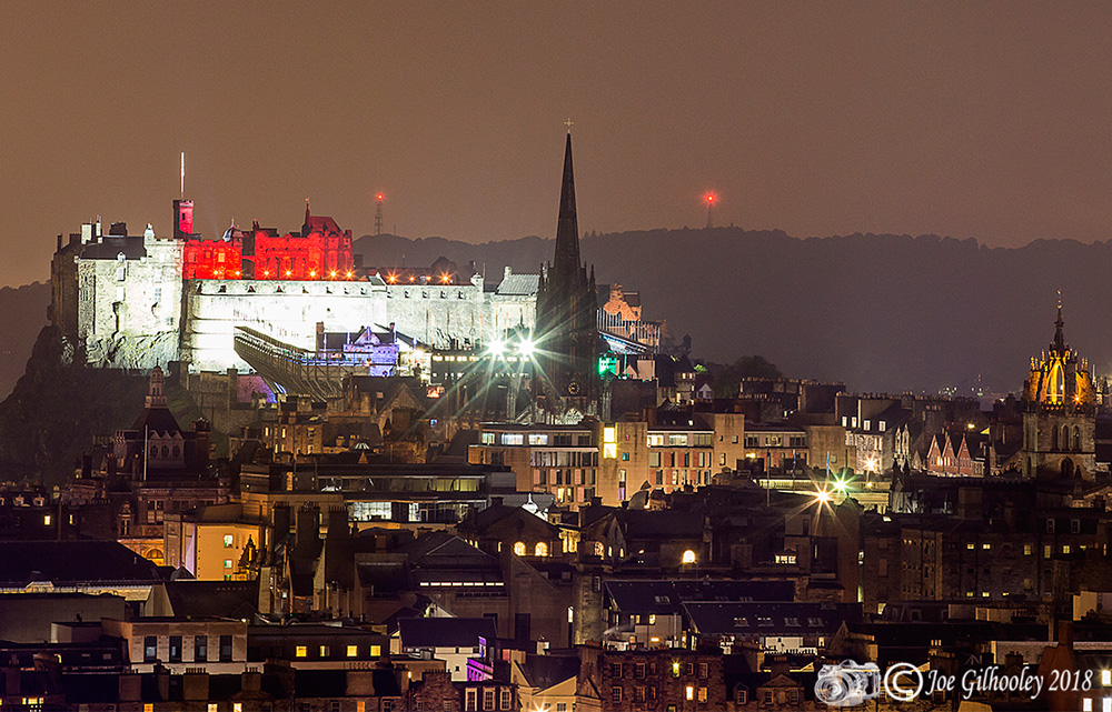 Edinburgh Military Tattoo light show from Arthur Seat at Salisbury Craggs