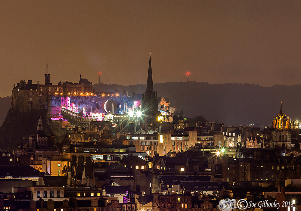 Edinburgh Military Tattoo light show from Arthur Seat at Salisbury Craggs