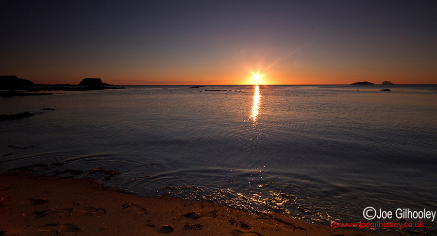 Sunrise at Yellowcraigs Beach. Changed to wider lens The Bass Rock and Fidra in this angle